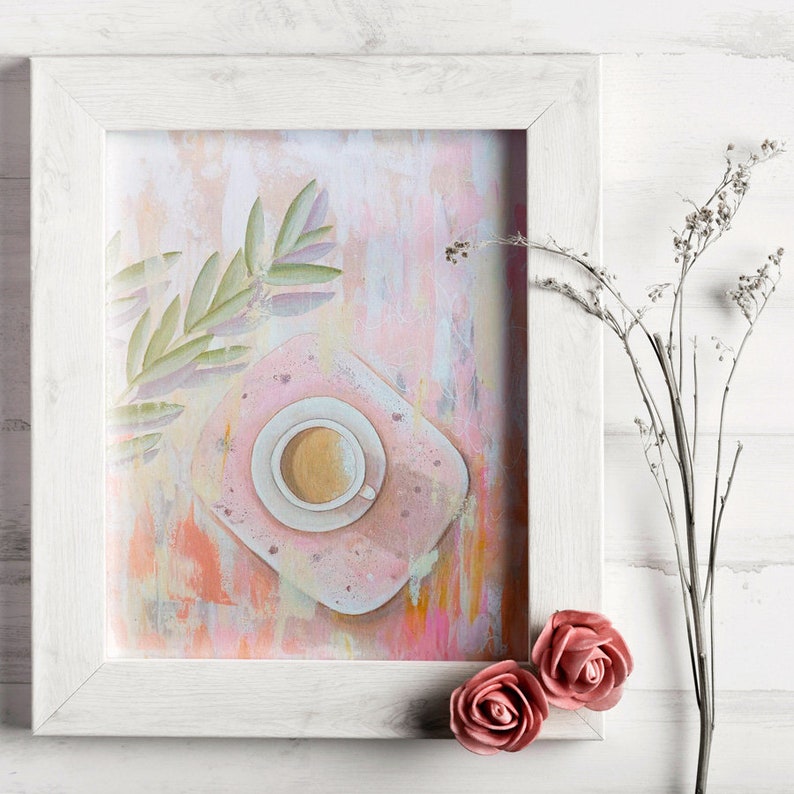 Abstract beige wall art 17x13/'/'by Anna Ponomarenko Abstract coffee art Pink coffee cup painting on panel Coffee pastel color painting