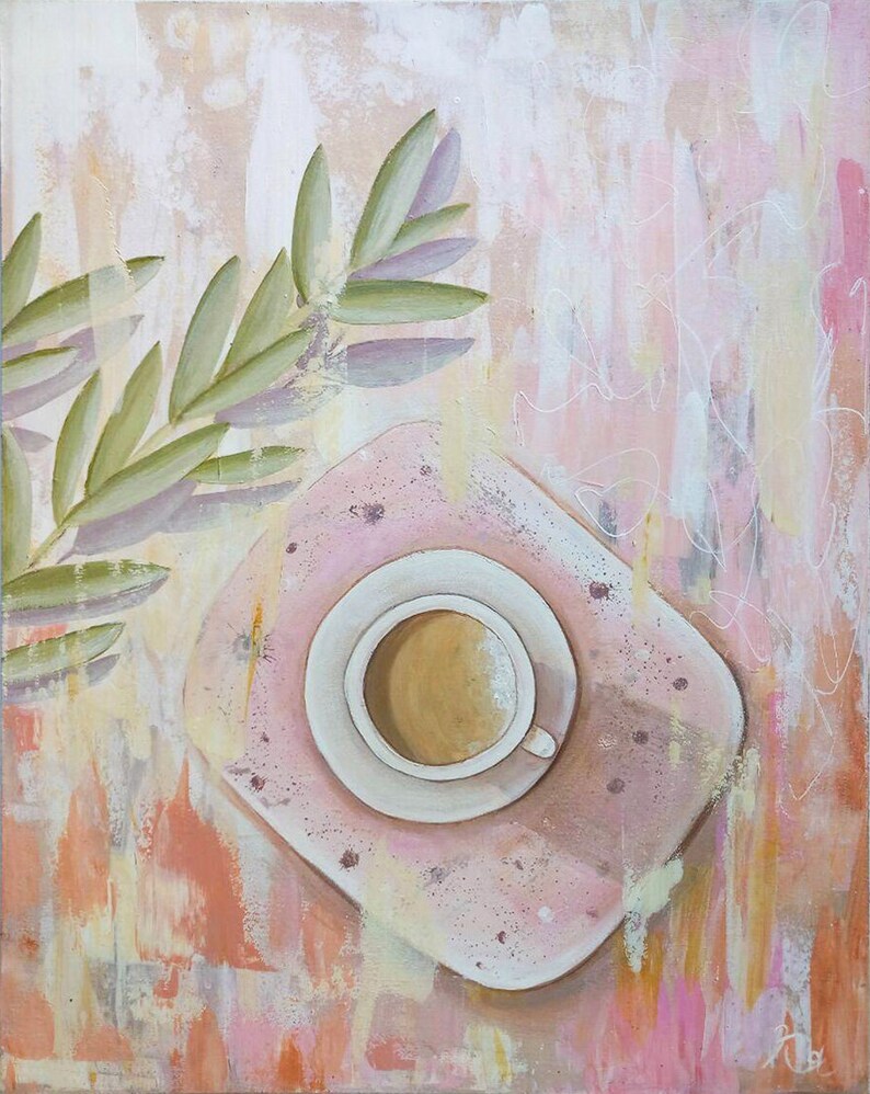 Abstract beige wall art 17x13/'/'by Anna Ponomarenko Abstract coffee art Pink coffee cup painting on panel Coffee pastel color painting