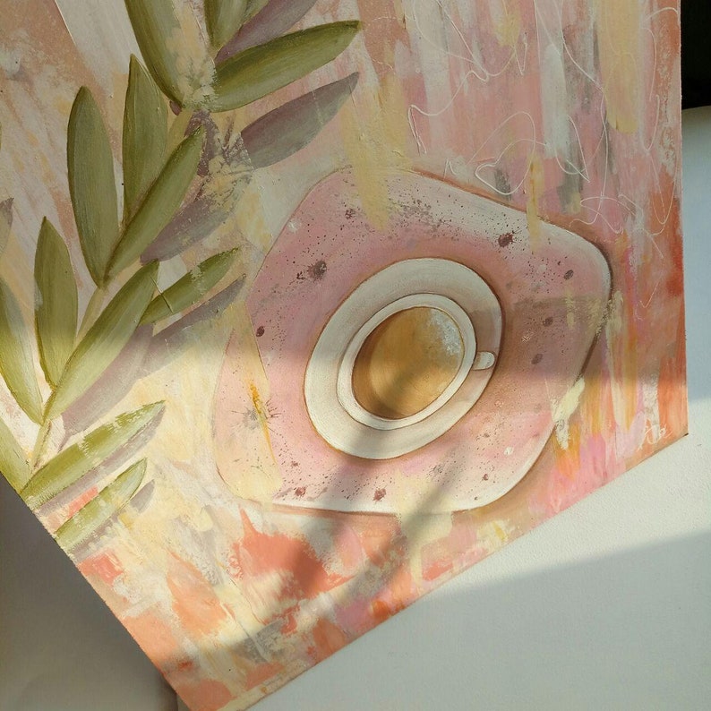 Abstract beige wall art 17x13/'/'by Anna Ponomarenko Abstract coffee art Pink coffee cup painting on panel Coffee pastel color painting
