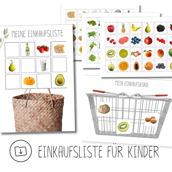Einkaufsliste Kinder zum Ausdrucken, Montessori Lernmaterialien PDF, Lernkarten Lebensmittel sofort download