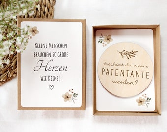 Patentante fragen, Geschenkschachtel mit Karte und Holzschild "Möchtest du meine Patentante werden", Geschenk Taufpate