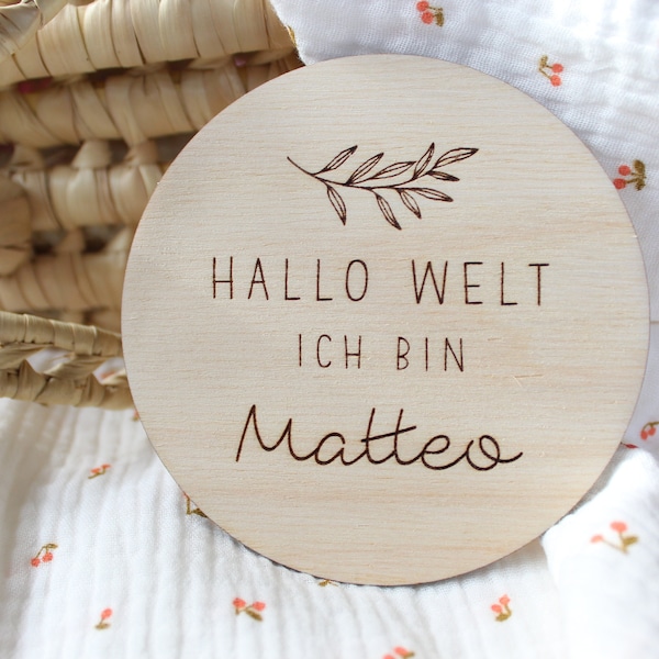 Geburtsverkündung, Meilenstein "Hallo Welt", Holzscheibe Geburt, personalisierbar, Fotoshooting