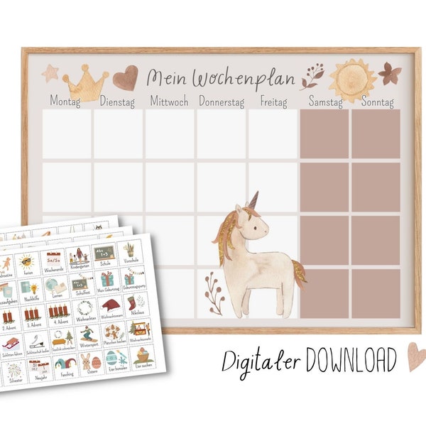 Wochenplan Einhorn für Kinder zum Ausdrucken, Montessori Routinekarten digitaler Download