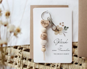 Keychain personalized with card, best friend, say thank you, happiness is having a friend like you