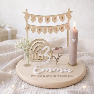 Plato de cumpleaños de madera personalizado con arcoíris: decoración de cumpleaños con nombre y número