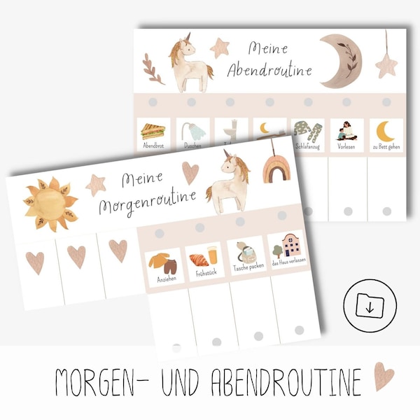 Morning and evening routine for children to print, routine plan boho unicorn, Montessori routine cards digital download