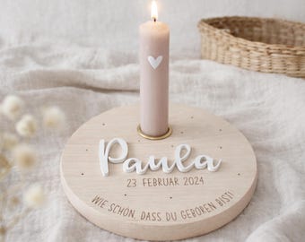 Personalisierter Geburtstagsteller aus Holz mit Name & Datum – schlichte Geburtstagstisch Deko mit Kerze – zeitlos, nachhaltig