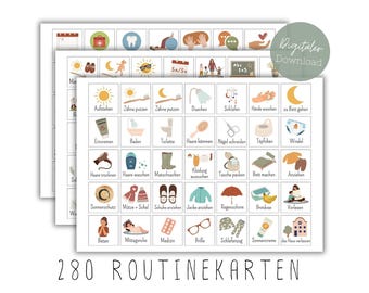 May include: A set of printable routine cards featuring grid layouts with various icons and German text labels for daily activities like brushing teeth, bathing, dressing, and sleeping, presented as a digital download collection.