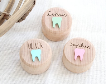 personalisierte Zahndose mit Acryl Zahn in verschiedenen Farben, Milchzahndose mit Name, Zahnfee, Geschenk