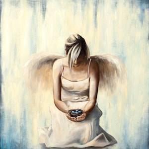 May include: An oil painting depicts a figure with angel wings, wearing a white dress, kneeling and holding a nest with blue eggs. The background is a blend of light blue and cream colors.