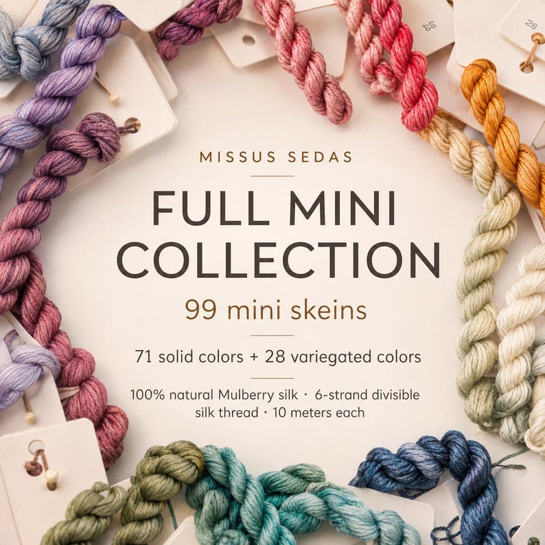 Missus Sedas Full Mini Collection – 99 Silk Mini Skeins – Solid and Variegated Colors – Hand-Dyed Mulberry Silk Thread image 10
