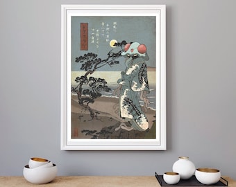 May include: A Japanese-style print featuring a blue and white creature with large eyes and a red mouth. The creature is standing on a beach with a tree and a moon in the background. The print includes Japanese text that reads "ドラクラフト".