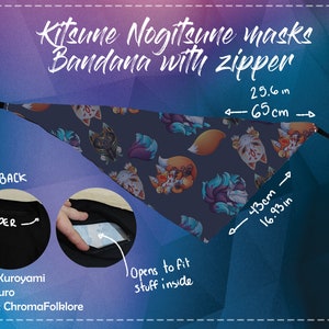 May include: A dark blue bandana with a zipper pocket and a kitsune fox mask print. The bandana measures 25.6 inches by 16.93 inches. The bandana is reversible and has a black strap.