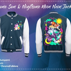 May include: A navy blue and white varsity jacket with the text "Kitsune Sun & Nogitsune Moon Neon Jacket". The front features a colorful fox design, while the back showcases a vibrant illustration of foxes, a sun, and a moon.