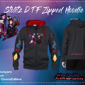 May include: Black zippered hoodie with a red lining. The front of the hoodie features a graphic of two cartoon characters. The back of the hoodie has the text "When I see him, he will look my way".