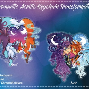 May include: Two acrylic keychains featuring a fox and a wolf-like creature in a heart shape. The front keychain shows the fox and wolf in a light blue and orange color scheme. The back keychain shows the fox and wolf in a purple and blue color scheme. The keychains are part of a series called "Chromantic Acrylic Keychain Transformation".