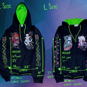 May include: Black zippered hoodie with green lining and colorful graphic prints. The hoodie is available in two sizes: XL and L. Measurements are provided in inches and centimeters.