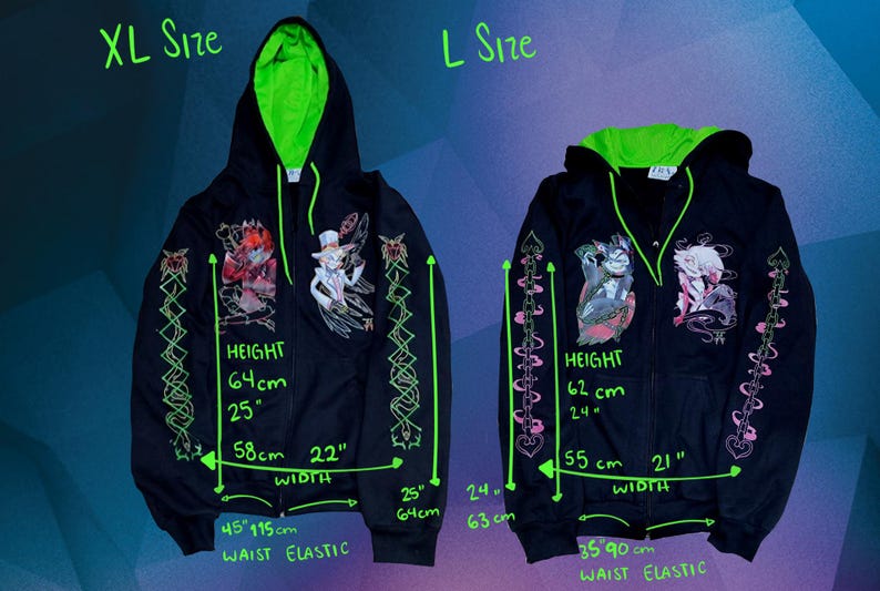 May include: Black zippered hoodie with green lining and colorful graphic prints. The hoodie is available in two sizes: XL and L. Measurements are provided in inches and centimeters.
