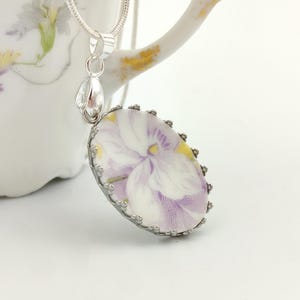 Violets porcelain pendant made from recycled old french porcelain set in cabochon setting, silver pleated chain