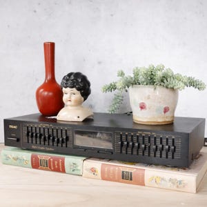 May include: A vintage black TEAC graphic equalizer sits atop two books. A red vase, a doll head, and a small potted plant with green foliage are arranged on top of the equalizer. The items are on a light wood surface.