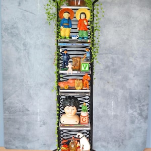 May include: A tall, black metal wire rack with multiple horizontal shelves holding various small figurines, toys, and stacked CDs. A trailing green plant in a terracotta pot sits on the top shelf, with vines cascading down the sides of the frame.