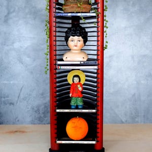 May include: A red CD rack with black dividers, holding CDs and decorative items. The rack features a doll head, a figurine, and an orange. A small potted plant sits on top, with trailing greenery.