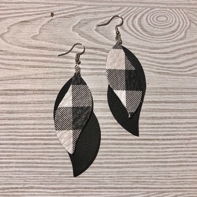 Black and White Plaid Handmade Genuine Leather Swoop Earrings