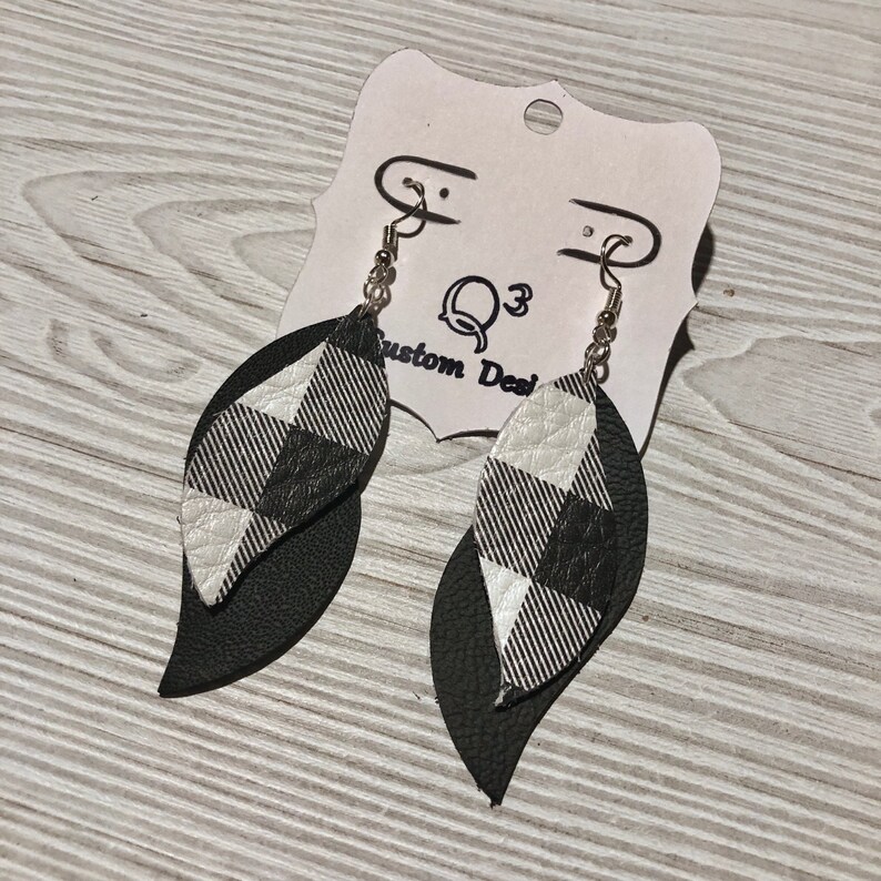 Black and White Plaid Handmade Genuine Leather Swoop Earrings