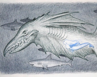 Mermaid and sea monster drawing
