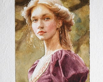 Watercolor study of blonde girl in medieval dress