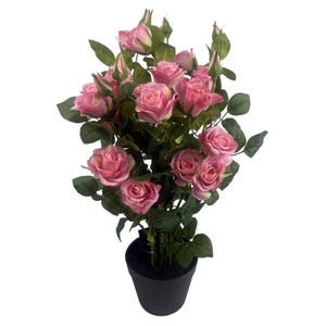 May include: A potted artificial rose plant featuring numerous blooming pink flowers and closed buds. The plant has dark green leaves and stems, and it is contained within a simple, solid black cylindrical pot against a plain white background.