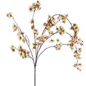 May include: A faux floral stem featuring cream-coloured blossoms with pink highlights. The artificial flowers are arranged along dark brown, slender branches, creating a natural look. Perfect for adding a touch of spring to home decor.