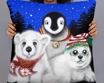 Santa’s North Pole animal friends pillow, polar bear cub Pillow, Penguin pillow, seal pup pillow, Holiday gift, Christmas pillows