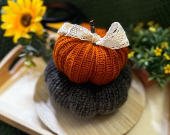 Handmade Stacked Orange, Gray, Brown  Knitted Pumpkin Plushies