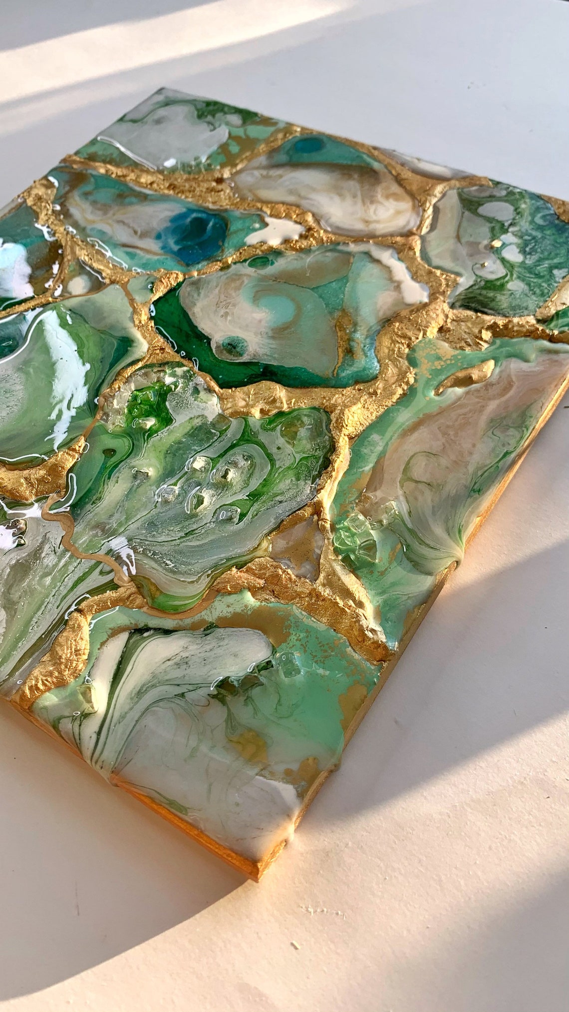 Geode resin green art. Epoxy emerald agate painting. Best gift Etsy