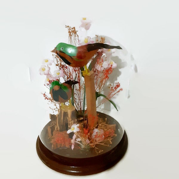 Colorful Birds Under Glass Dome - Victorian Style Faux Taxidermy - Oddities And Curiosity