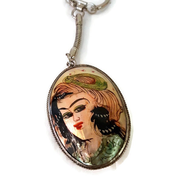 Painted Bohemian Woman And Peacocks On Keychain - Oyster Shell - Boho Chic