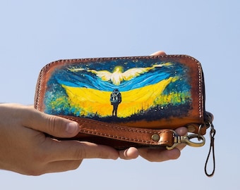 Long wristlet bag with strap, Ukraine accessories, Ukraine wristlet wallet gift, Slim women travel purse, Custom hand printed clutch for her