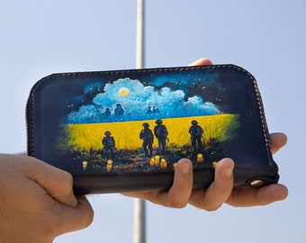 Ukraine wristlet bag with strap, Leather wristlet wallet for women, Ukraine flag accessories, Birthday wife gift, Custom slim zipped wallet