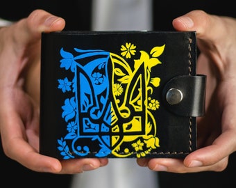 Ukraine flag and Trident wallet gift for men, Custom bifold black wallet women, Unique handmade wallet, Personalized designer leather purse