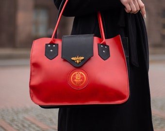 Red bag women, Custom engraved office women bag, Leather shoulder bag, Tote bag, Top handle handmade handbag, Mothers day wife gift for her
