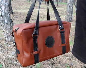Big brown leather bag men, Birthday husband gift, Personalized shoulder bag, Engraved bag, Weekend leather handbag, Handmade travel tote bag