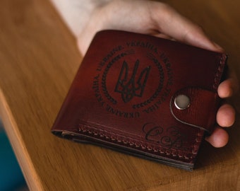 Ukraine Trident wallet gift friend, Leather bifold wallet purse for him, Fathers Day men gift, Custom engraved wallet, Designer name purse