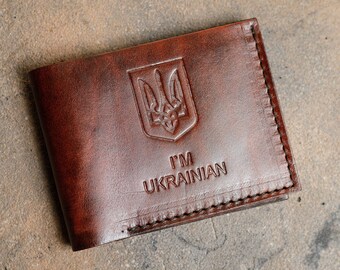 Cadeau homme portefeuille en cuir véritable Ukraine, portefeuille mince à deux volets, sac à main en cuir véritable gravé sur mesure, mari cadeau personnalisé pour la fête des pères