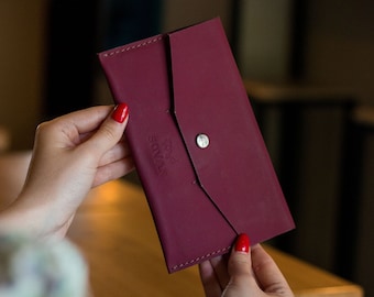 Burgundy leather women wallet, Anniversary mom gift, Custom engraved purse, Personalized long slim wallet, Minimalist card purse Cute wallet