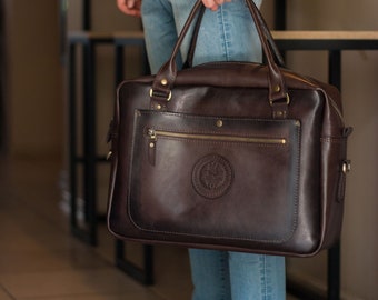 Leather laptop bag men, Handmade laptop briefcase, Anniversary gift husband, Messenger office bag teacher, Shoulder custom bag for Macbook