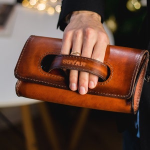 Long leather wallet bag for men, Wristlet brown leather clutch bag, Custom engraved wristlet purse, Anniversary dad gift Personalized wallet image 2