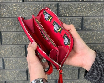 Leather wristlet wallet bag women, Red wristlet clutch bag, Long custom handmade purse, Personalized wristlet purse, Anniversary women gift