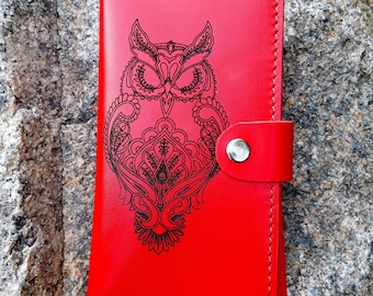 Owl engraved wallet, Red wallet women, Handmade leather purse, Birthday gift mom, Long bifold credit card wallet, Personalized wife gift