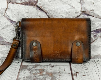 Long brown leather men bag, Wristlet wallet bag, Anniversary husband gift, Custom travel wallet purse, Personalized wristlet clutch bag gift